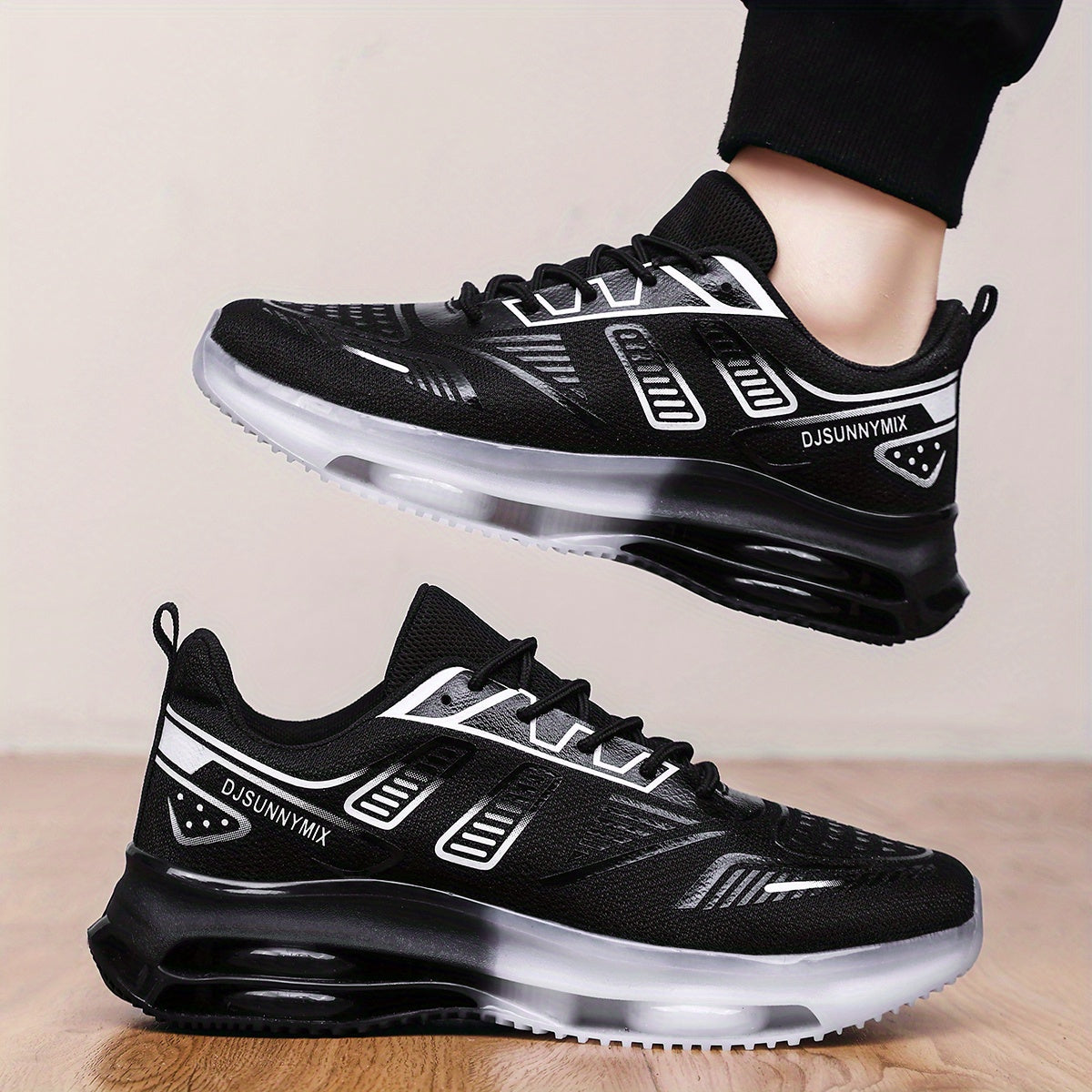 DJSUNNYMIX Men'S Breathable Mesh Low-Top Sneakers - Comfortable Cushioned Running Shoes with Air Cushion Technology, Black & White Design, Lace-Up Casual Shoes for Gym, Training, and Casual Attire, Gym Shoes, Sleek Sporty Loo - ayq