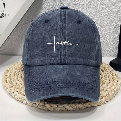 Vintage Street Style Water Wash Denim Polyester Baseball Cap, Faith Print, for Men, Women