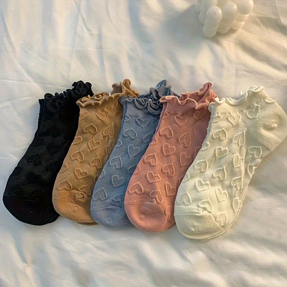 5 Pairs of Random Love Lace Socks Women's Socks Japanese Korean Style Cute Thin Breathable Hollow Short Socks