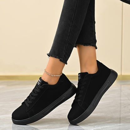 Women'S Simple Solid Black Lace-Up Flats, Comfortable Skate Shoes, Casual Versatile, for Couples, with Stability Support, Lightweight EVA Sole, for All-Season Road Running, Daily Wear, Outdoor Hiking, Sports