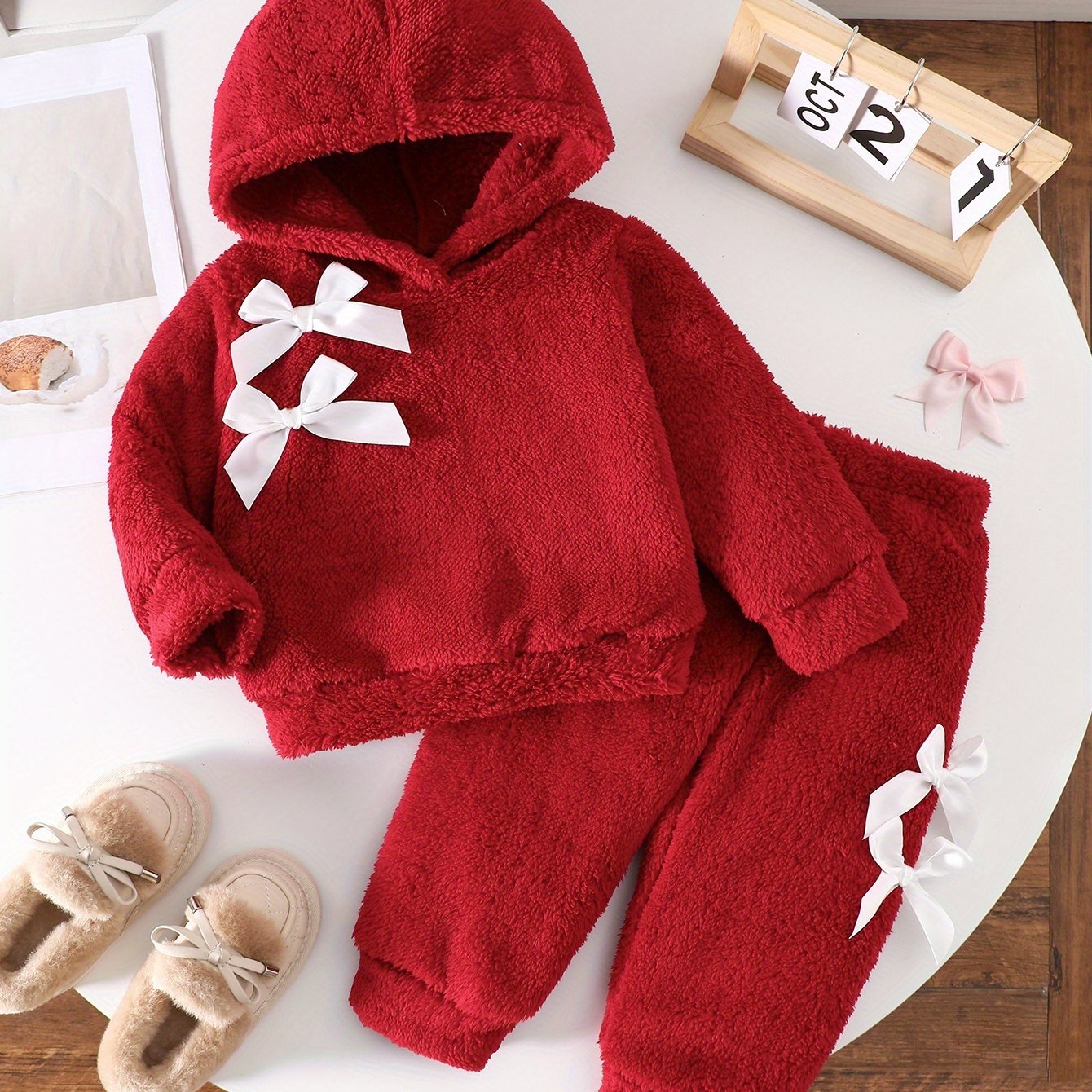 Two-Piece Cute Girls' Autumn/Winter Set: Long Sleeve Hooded Plush Butterfly Top with Pants, Perfect for Daily Outdoor Wear. Cozy Faux Fur Fabric - Essential Indoor & Winter Accessory and Holiday Gift Idea, Perfect for Outdoor