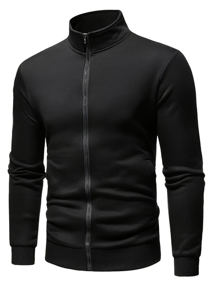 Men'S Slim-Fit Fleece-Lined Zip-Up Hoodie - Warm Long Sleeve Casual Jacket with Stand Collar, Solid Color, Polyester Lining, Pockets, Regular Fit for Fall/Winter, Winter Hoodie, Autumn Outerwear, Sleek Design, Durable Fabric,