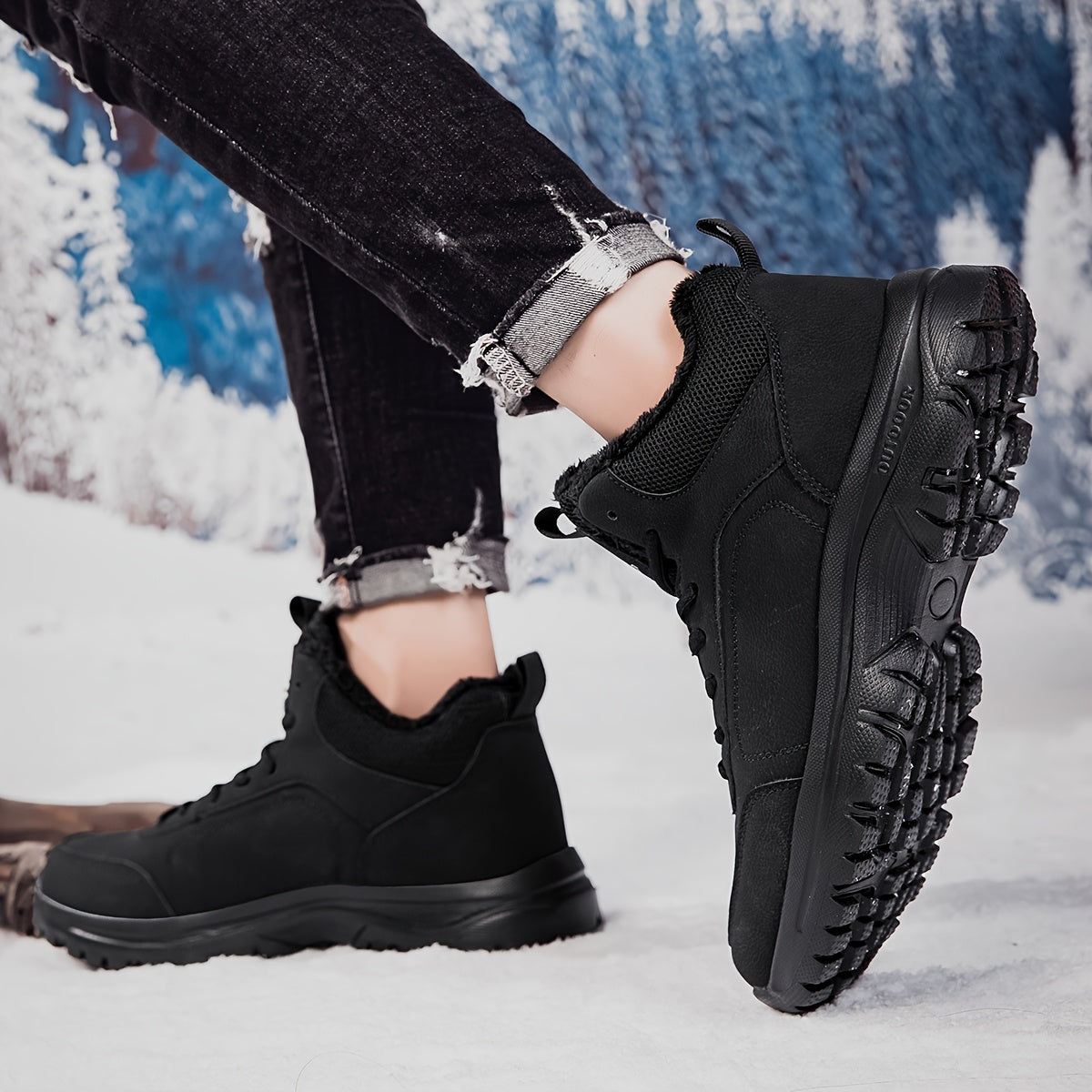 Տղամարդկանց միջին բարձրության ձմեռային ձնագնացքներ - Թեթև, չսահող, տաք փափուկ երեսպատում, դիմացկուն MD ներբան, սև աշխատանքային և փողոցային ոճ արտաքին սպորտի, արշավների և ամենօրյա հանգստի համար, ձմեռային կոշիկներ, արշավային կոշիկներ, նրբագեղ դիզայն, ճկուն