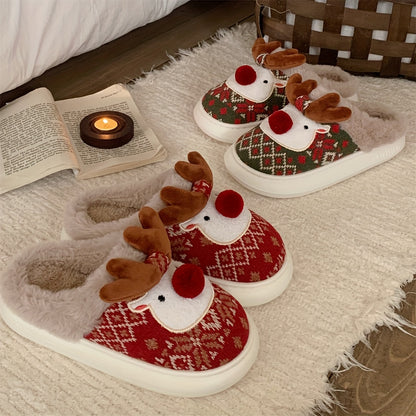 XIXITIAO Women's /Korean Style Winter Slippers - Deer & Reindeer Pattern Cozy Warm Booties, Soft Fabric & Sole for Indoor/Outdoor Use, Cute Animal Shoe for Christmas, Hand Washable