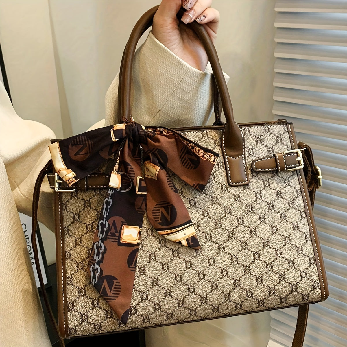 Created-Rubynet Large Handbag with Greek Key & Bow Design - Deep Brown Handbag, Golden-Tone Hardware, Fashion Bag for Ladies, Fashion Bags, Round Handbag, Fashionable Bags, Handbags Aesthetic, Large Soft Purse, Rectangular Ha