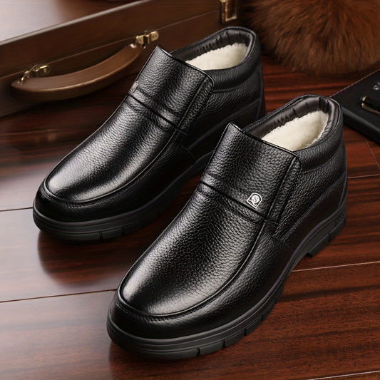 Genuine Leather 2025 Snow Boots Shoes Top Layer Cowhide Men's Boots Winter New Fashion Versatile Litchi Pattern Soft Leather Thick Sole Warm Shoes -Lined Work Boots Inner Filling with Cold Resistant Warmth, Warmth Locking Pow