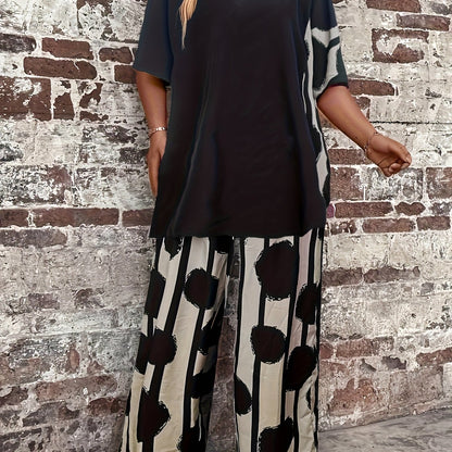 Plus Size Women'S Black Printed Sweater Set - Casual Long Sleeve Pullover with "LOVE" Design, Wide Leg Pants, Non-Stretch Fabric, Perfect for Fall & Winter, Autumn Winter Wear|Casual Style|Comfortable Fit