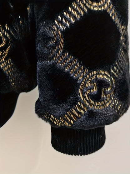 Տղամարդու ձմեռային արհեստական ​​մորթուց բաճկոն | Սև և ոսկեգույն հակադիր դիզայն | Ակնոցավոր օձիք | Կայծակաճարմանդով փակվող | Պոլիեսթերային աստառ | Նորաձև և ֆունկցիոնալ՝ պաշտոնական առիթների համար, ձմեռային վերնազգեստ | Հակադիր գույների բաճկոն | Ակնոցավոր օձիք