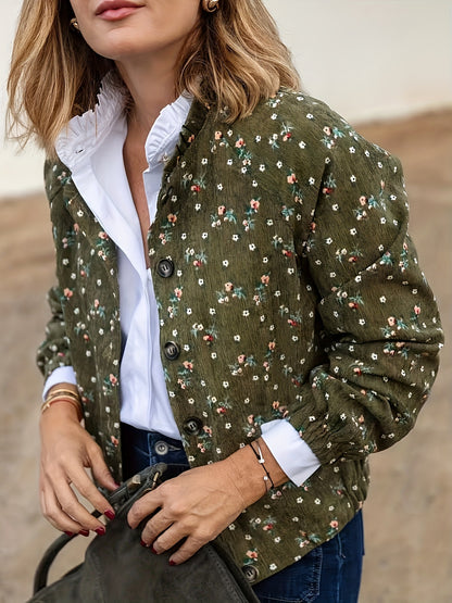 Women's Elegant Vintage Floral Print Pilot Jacket - Dark Green/Black/Brown/Gray/Beige with White/Red/Brown Flowers, Structured Collar & Chest Pockets, Machine Washable Spring/Fall Outerwear, Casual to Formal Events, Retro Sty