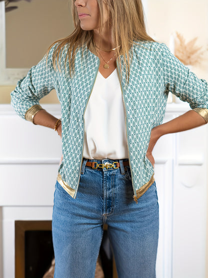 Elegant Special Women'S Fashion Plaid Golden Rimmed Long Sleeve Baseball Jacket