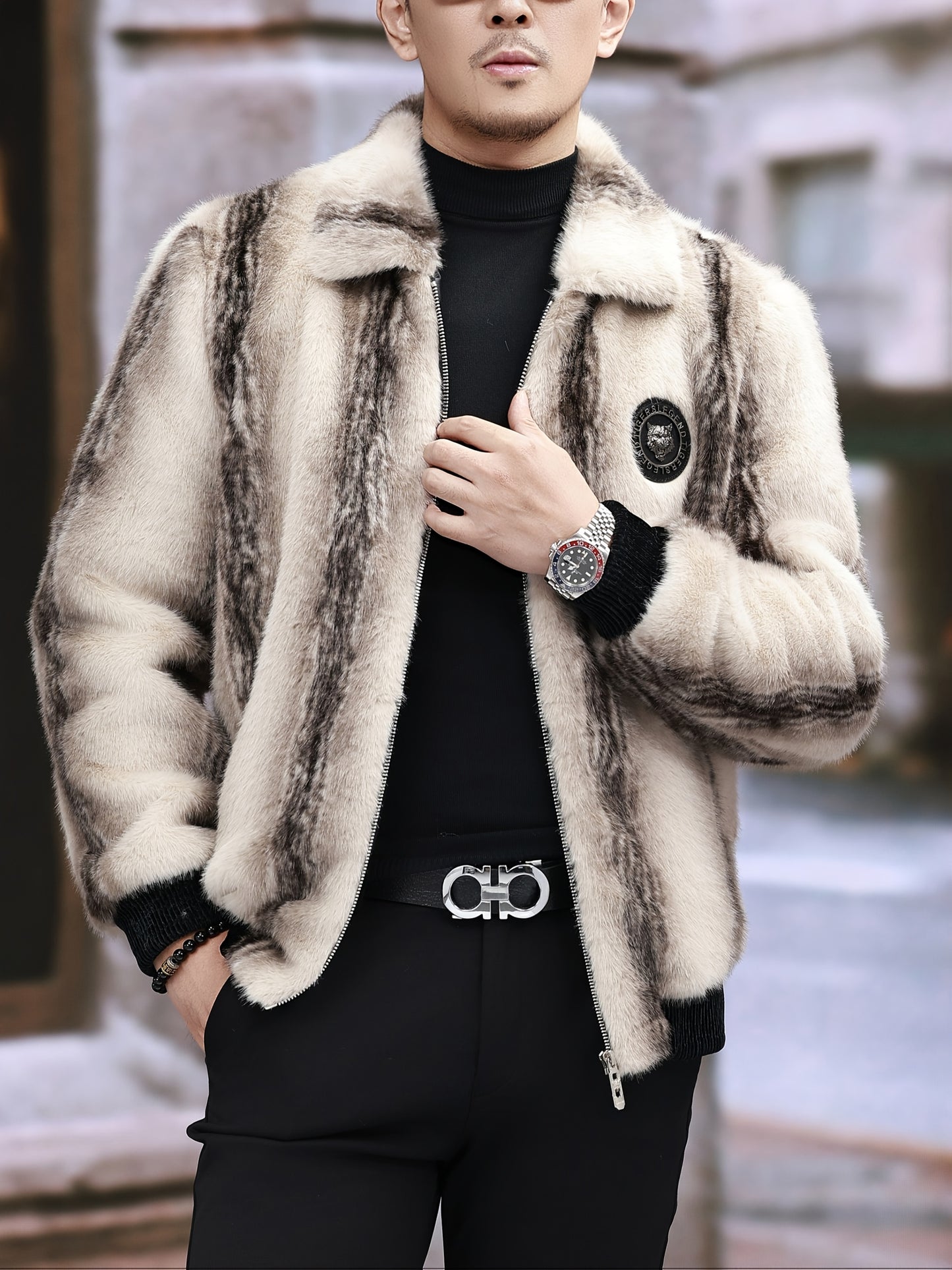 Men'S Winter Faux Fur Coat - Warm Color-Block Lapel Collar Jacket with Zipper Closure, Black & Beige Contrast Design, Regular Fit for Casual & Formal Wear, Polyester Lining, Stylish Streetwear, Faux Fur Coat