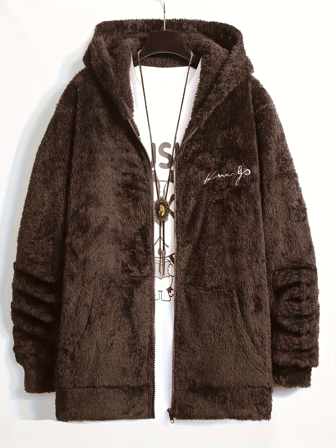 Casual Style] Men's "RELAX" Fleece Hoodie Jacket - Casual Dual-Sided Brown Teddy Coat with Zipper Closure, Long Sleeves for Fall/Winter, Casual Outerwear|Stylish Casualwear|Crafted Embroidery