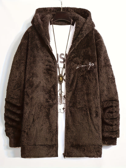 Casual Style] Men's "RELAX" Fleece Hoodie Jacket - Casual Dual-Sided Brown Teddy Coat with Zipper Closure, Long Sleeves for Fall/Winter, Casual Outerwear|Stylish Casualwear|Crafted Embroidery