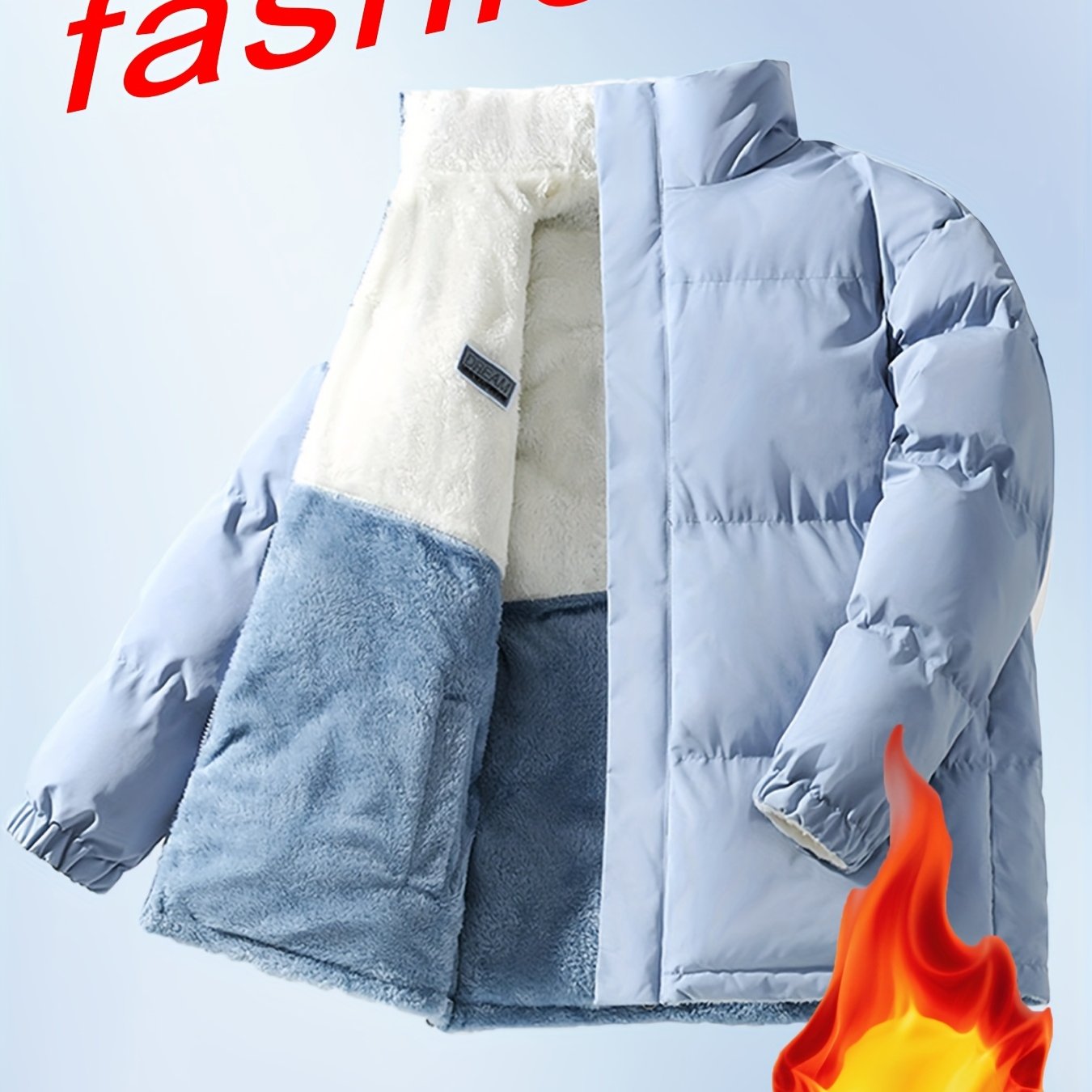 Տղամարդու երկկողմանի բրդյա ծածկույթով հաստ բաճկոն՝ առօրյա կանգնած օձիքով՝ տառերի տպագրությամբ, սովորական չափսերով, գրպաններով, պոլիեսթերային լցոնով, բազմակողմանի աշուն/ձմեռ համար, ձմեռային բաճկոն