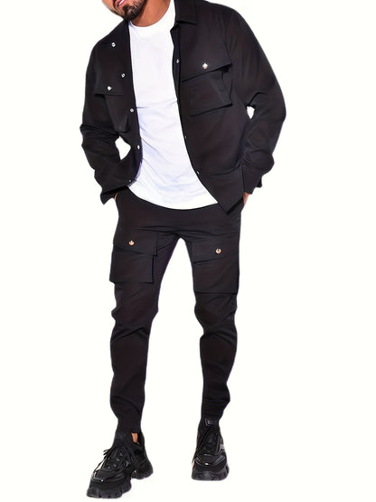 Men'S Casual Polyester Suit Set, Solid Color, Non-Stretch, Regular Fit, with Lapel Collar, Pocket Details, for Hiking, Daily Wear, and Special Occasions, Spring/Fall, Fall/Winter