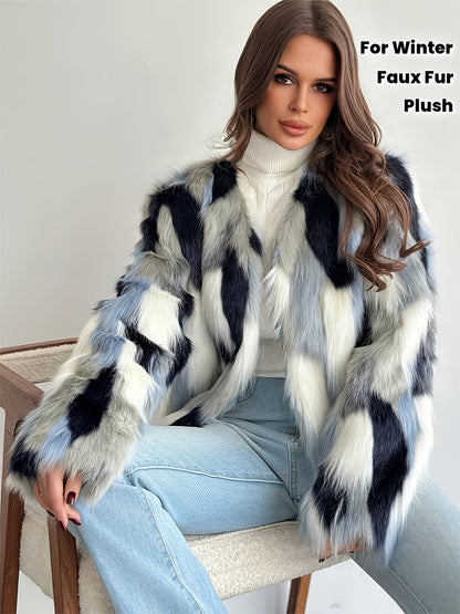 Women's Elegant Tie-Dye Faux Fur Coat - Plush Warm Winter Outerwear with Blue Black White Grey Pattern, Machine Washable Fall Winter Fashion Coat for Casual & Formal Outfits, Winter Coat, Open Front Design, Soft Texture
