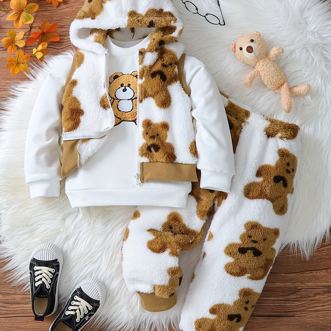 3pcs Boys' Cozy Fleece-Lined Hooded Zip-Up Jacket & Pants Set - Cute Bear Print, Long Sleeve, Warm Winter Outfit with Pockets, Casual Playwear for Toddlers & Youngsters, for Outdoor