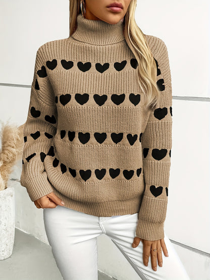 Women'S Cozy Cardigan with Heart Pattern - Long Sleeve, High Neck, Brown, Casual Fall/Winter Pullover, Loose Fit, Geometric Design, Perfect for Casual Attire, Cozy Cardigan, Red Heart Sweatshirt