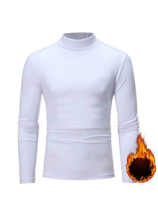 Men's Solid Long Sleeve Turtleneck Stretch T-shirt, Casual Comfy Warm Top For Fall Winter, Men's Clothing