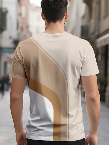 Men'S Beige Geometric Print T-Shirt - Casual Crew Neck, Slight Stretch Fabric, Modern Design with Striking Patterns, Everyday Tshirt   Modern Tshirt   Comfortable Fit