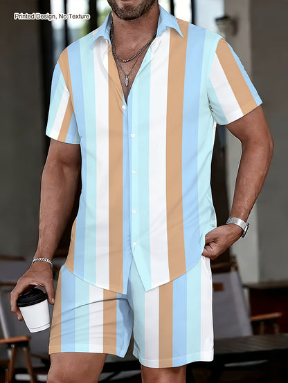 Men's Casual Summer Striped Short Sleeve Shirt & Shorts Set