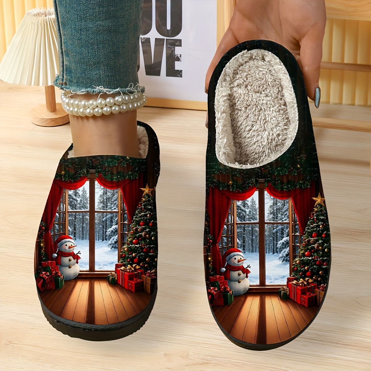 Cozy Plush Slippers for Men & Women - Festive Christmas & Halloween Design with Santa, Snowy Scene, and Red Ribbon Accents | Soft Fabric Upper & TPR Sole | Perfect Holiday Gift for Fall/Winter, Christmas Slippers