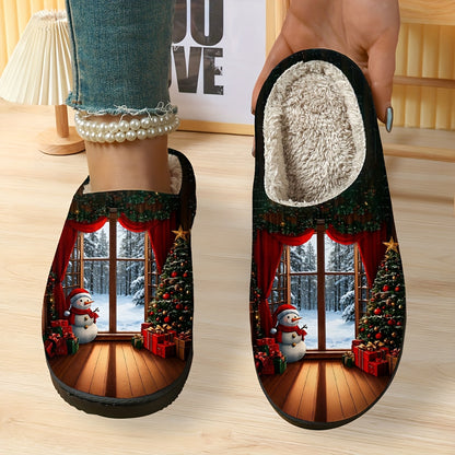Cozy Plush Slippers for Men & Women - Festive Christmas & Halloween Design with Santa, Snowy Scene, and Red Ribbon Accents | Soft Fabric Upper & TPR Sole | Perfect Holiday Gift for Fall/Winter, Christmas Slippers