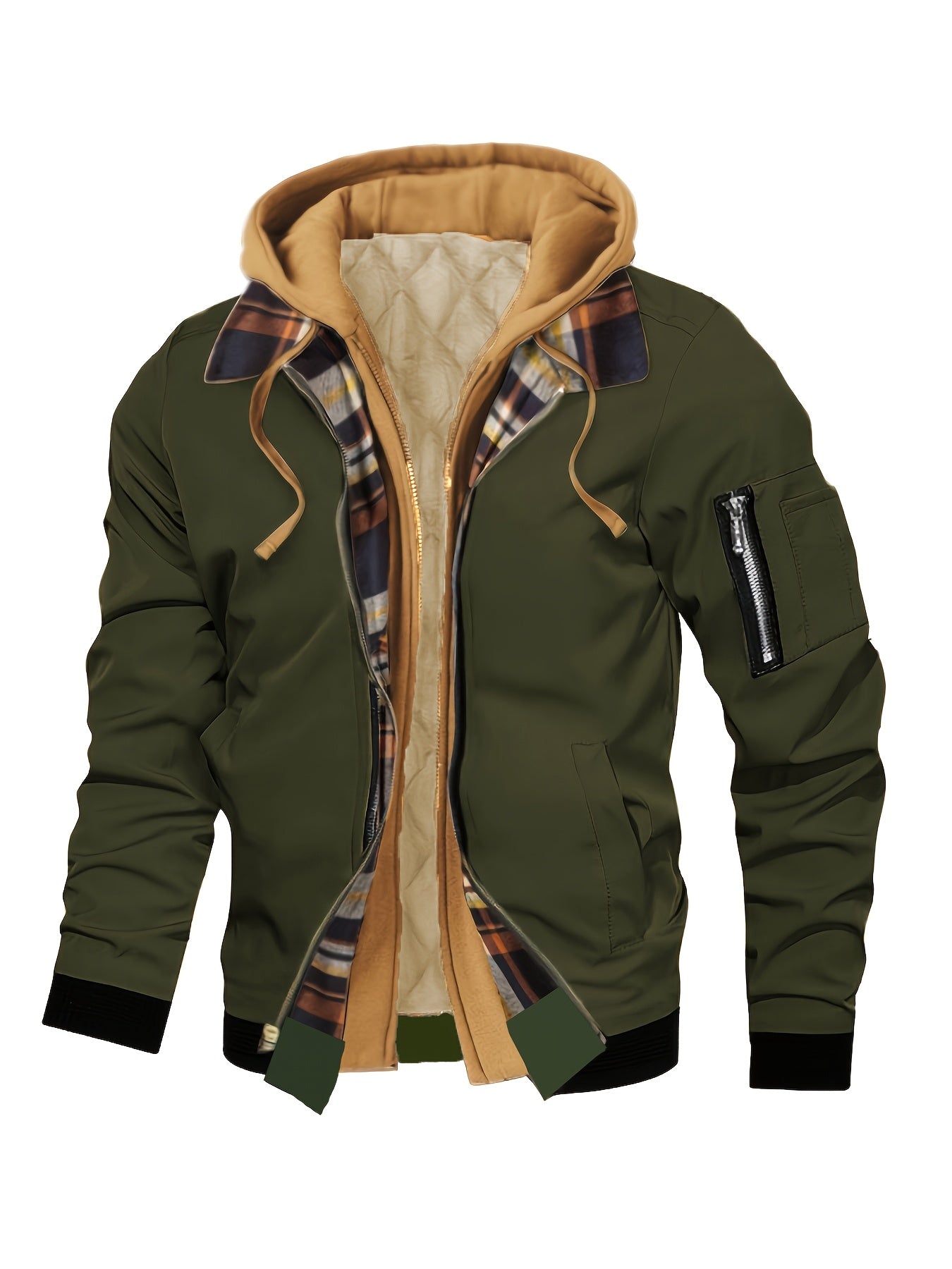 Men'S Warm Fleece-Lined Hooded Jacket with Plaid Details - Casual Winter Coat for Outdoor Activities, Zip-Up, Regular Fit, Polyester Lined, Functional Pockets, Windproof & Warm, Functional Winter Jacket | Stylish Men'S Jacket