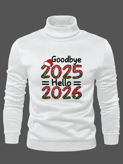 Men's 2025/2026 New Year Print Sweater - Stand Collar Long Sleeve Pullover, Casual Winter Sweating Jacket, Machine Washable Cold Weather Sweaters for Parties & Casual Attire (Slogan Design)