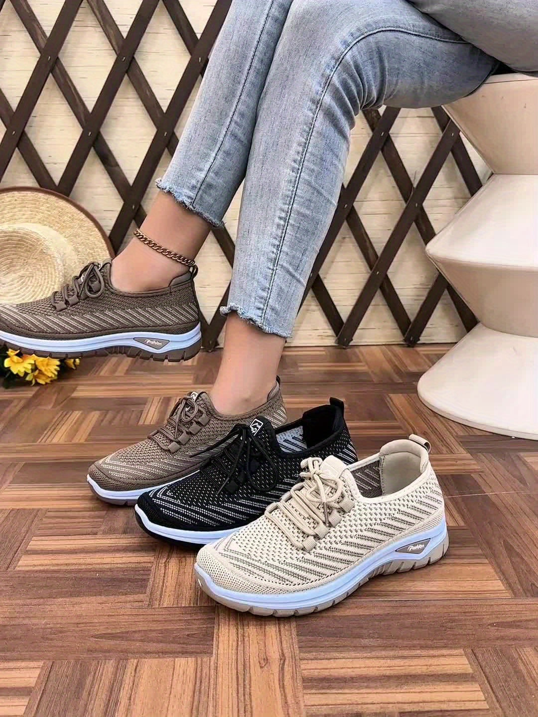 Women'S Knit Casual Sneakers - Stylish Striped Weave Pattern, Breathable Non-Slip Comfort Shoes with Rubber Sole for Outdoor Wear