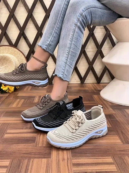 Women'S Knit Casual Sneakers - Stylish Striped Weave Pattern, Breathable Non-Slip Comfort Shoes with Rubber Sole for Outdoor Wear