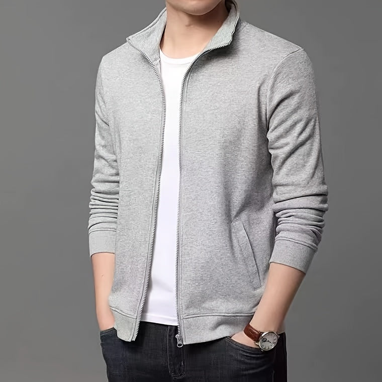 Men'S Slim-Fit Fleece-Lined Zip-Up Hoodie - Warm Long Sleeve Casual Jacket with Stand Collar, Solid Color, Polyester Lining, Pockets, Regular Fit for Fall/Winter, Winter Hoodie, Autumn Outerwear, Sleek Design, Durable Fabric,
