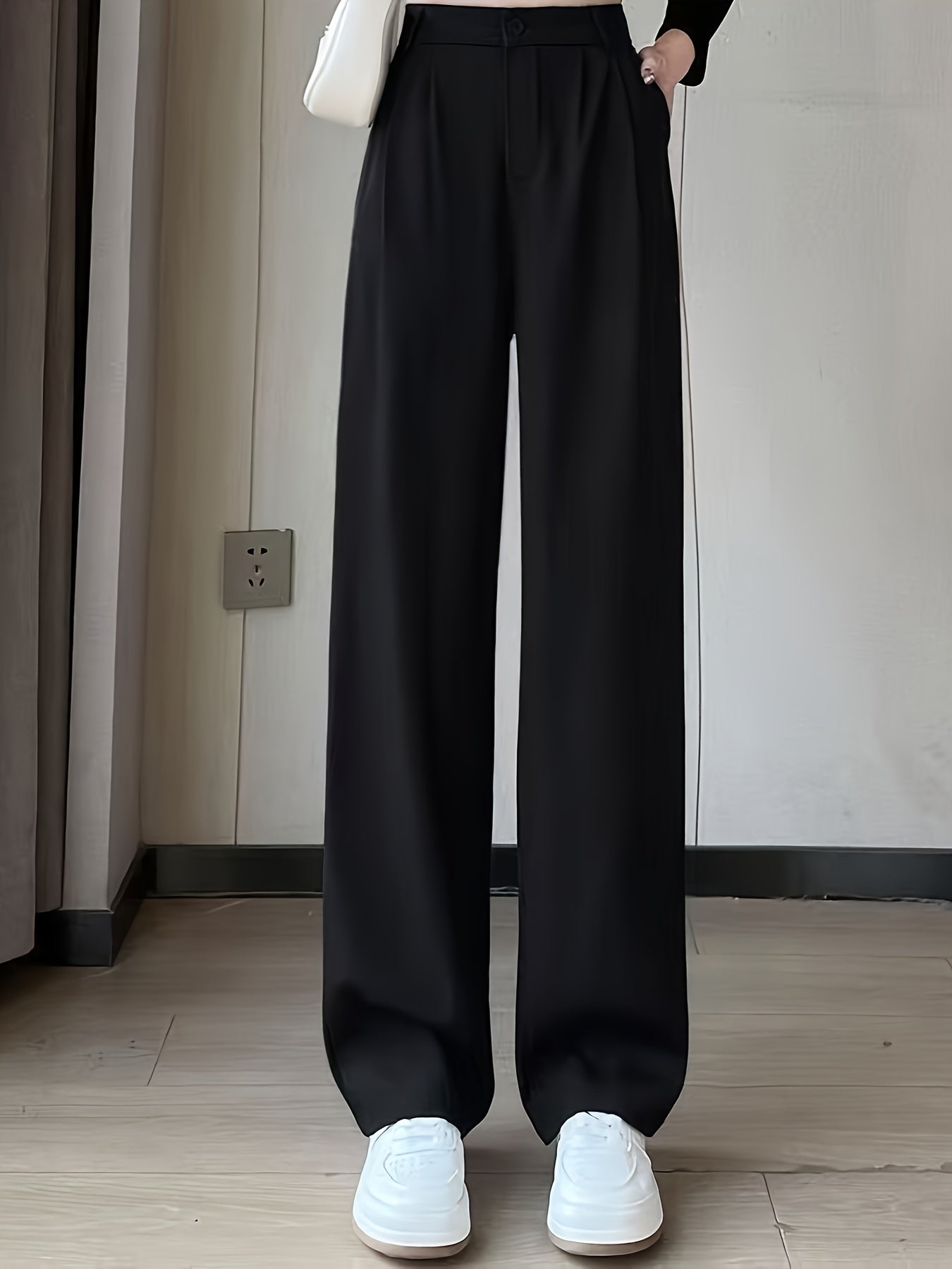 Women'S Elegant Solid Color Straight Leg Pants, Breathable, Comfortable, Fashion Commuter, Polyester, Elastic Waist, Loose Contour, 250g/㎡, for Adult, Spring/Summer/Fall