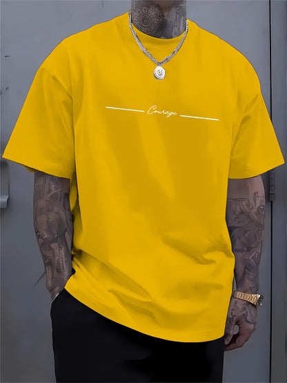 Men'S Casual Crew Neck T-Shirt with Trendy English Print, 95% Polyester 5% Elastane, Slight Stretch Knit Fabric, Regular Fit, Summer Wear - MBDMBD