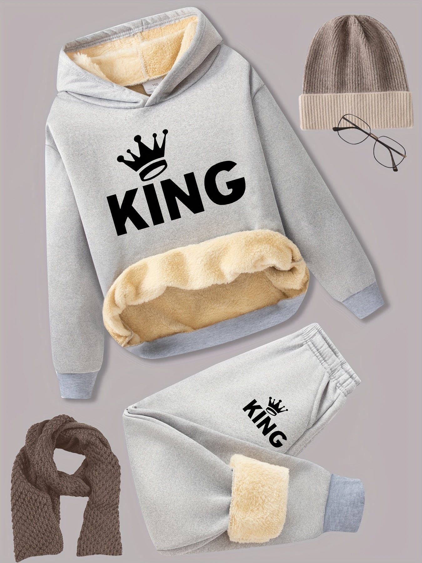 2pcs Boys' Fleece-Lined Thickened Warm Hoodie + Pants Set, Stylish Letter Print Winter Comfortable Sportswear Outfit for Kids Casual Leisurewear, Perfect for, Blanket Hoodie Kids