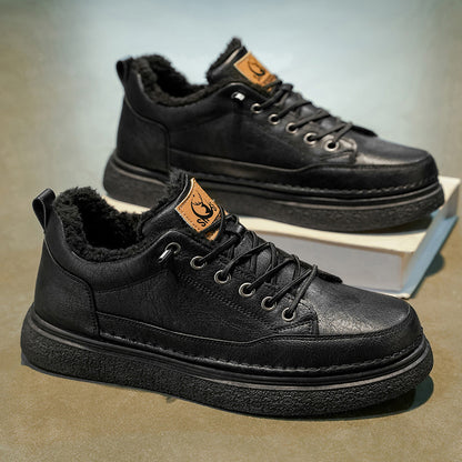 Men's Winter Warm PU -Like Hiking Sneakers with Plush -Like, EVA Cushioned Sole & Rubber Traction Tread - Low-Top Lace-Up Outdoor Shoes for Ice, Snow, Casual Wear (Black/Brown) - Cold Weather