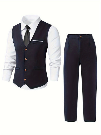 Teen Boys Navy Blue Slim Fit Vest & Pants Suit Set
