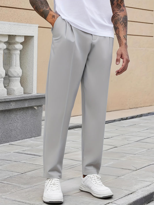 Men'S Casual Straight Leg Trousers, 100% Polyester Woven Fabric, Non-Stretch Solid Color with Pockets, Regular Fit, 190g/m², All-Season Business Casual Pants with Elastic Waistband