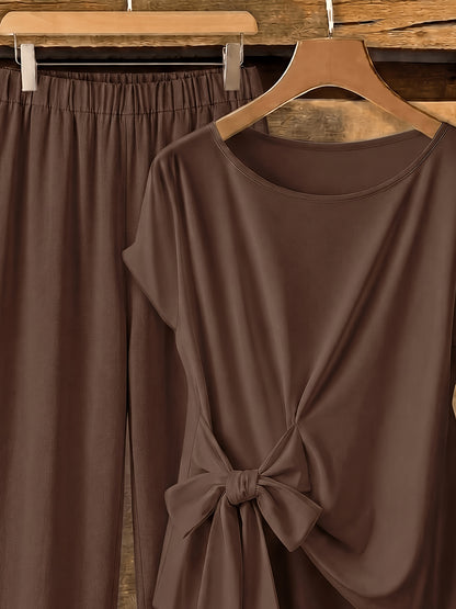 Plus Size Women's Casual Set with Crew Neck & Wide-Leg Pants