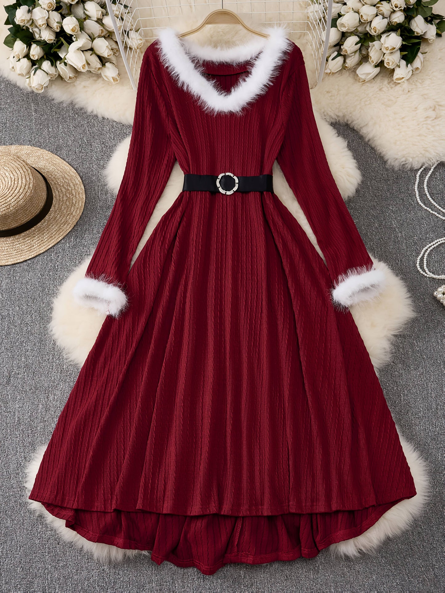 Plus Size - Plus Size, Women'S Elegant Formal Party Dress - Long Sleeve V-Neck with Adjustable Waist Belt, Flared Skirt - Elegant Evening Gown for Christmas, Galas, Weddings - Plus Size Friendly - Black Formal Attire, Formal