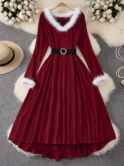 Plus Size - Plus Size, Women'S Elegant Formal Party Dress - Long Sleeve V-Neck with Adjustable Waist Belt, Flared Skirt - Elegant Evening Gown for Christmas, Galas, Weddings - Plus Size Friendly - Black Formal Attire, Formal