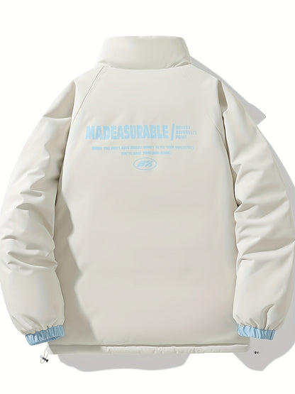 Տղամարդու երկկողմանի ձմեռային բաճկոն՝ հաստացված, կանգուն օձիքով, կայծակաճարմանդով և «MADEASURABLE» և «I CONUT» գրությամբ, սև և սպիտակ, սովորական չափսի՝ աշնանային և ձմռան համար, աշնանային վերնազգեստ, համարձակ գրություն, դիմացկուն գործվածք