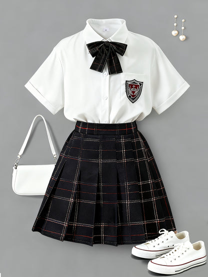 Girls' Preppy JK Uniform Set with Plaid Skirt & Bow Tie