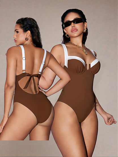 Women’s Color-Block Padded One-Piece Swimsuit for Beach