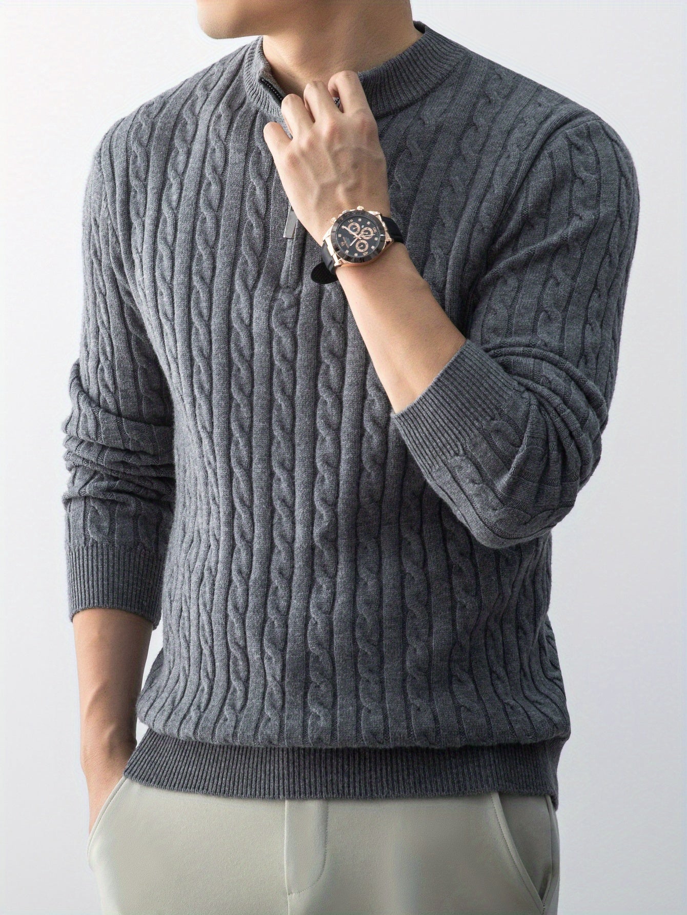 New Men'S Christmas Gift: a Thick, Warm, And Cold-Resistant Knitted Sweater with a Cable-Knit Design And a Zippered Collar, Suitable for Both Layering And Wearing Alone, Perfect for Casual And Versatile Outfits