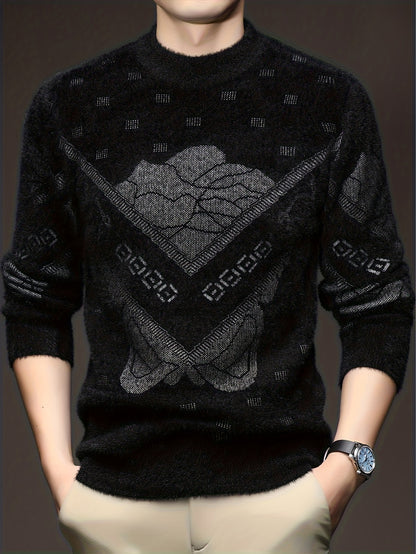 Men'S High-End Crew Neck Sweater | Fashionable Thick Warm Knitted Pullover with Floral Pattern and Hot Stamping for Fall/Winter
