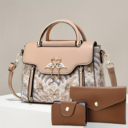 Կանացի պայուսակների հավաքածու՝ երեք հատից բաղկացած. տպագիր ուսի պայուսակներ, ոճային ձեռքի պայուսակներ և բազմակողմանի ուսապարկեր՝ մարմնին կպցնելու համար