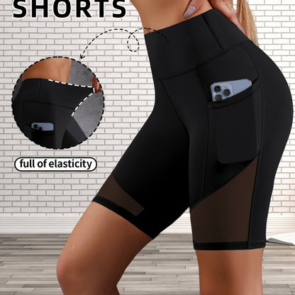High Waist Mesh Contrast Yoga Short With Pocket, High Waist Stretch Running Biker Shorts, Women's Activewear