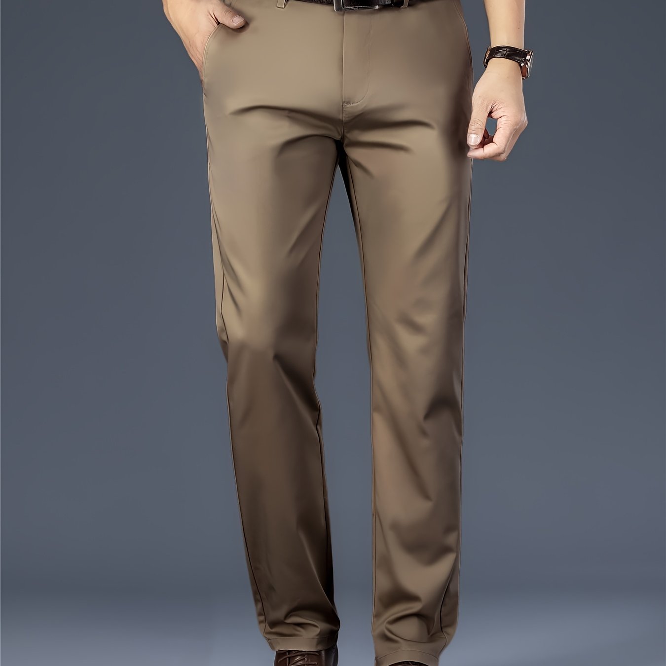 [Durable Build] Men's All-Season Casual Dress Pants - Business Style Stretch Trousers, Comfortable Classic Design, Light Brown Polyester Blend, Machine Washable, Smooth Finish, Regular Fit for Office or Leisure Wear