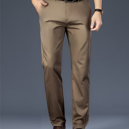 [Durable Build] Men's All-Season Casual Dress Pants - Business Style Stretch Trousers, Comfortable Classic Design, Light Brown Polyester Blend, Machine Washable, Smooth Finish, Regular Fit for Office or Leisure Wear